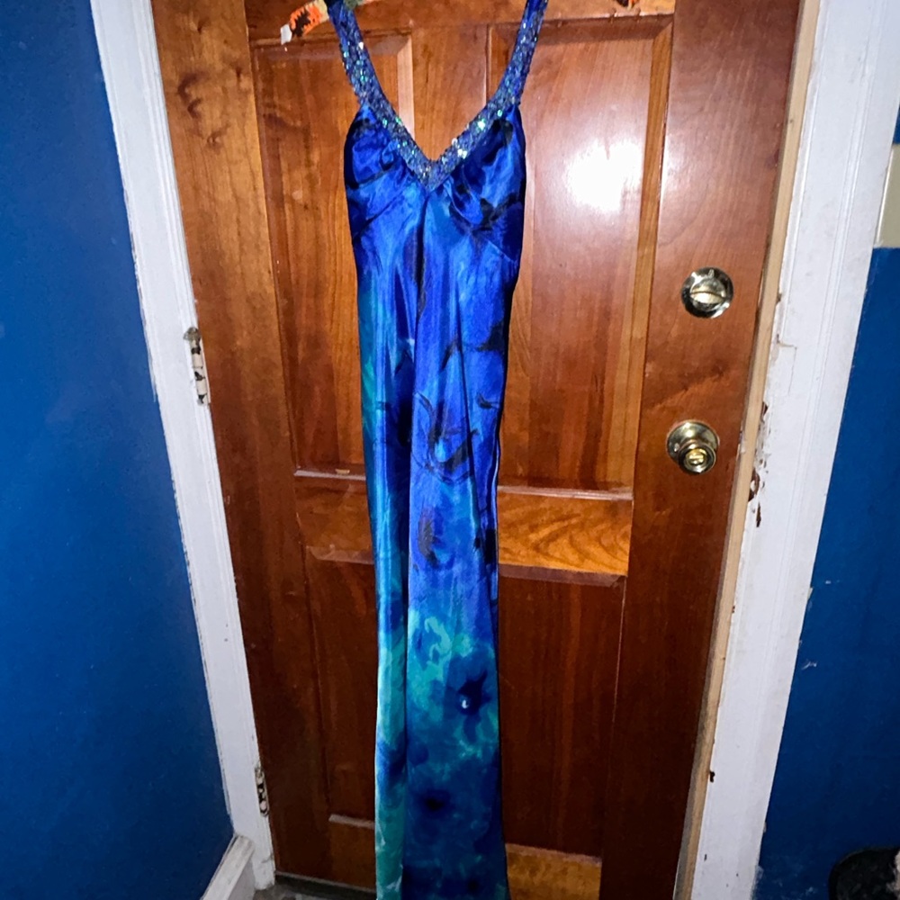 Blue sequined prom dress